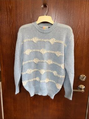 Vintage 80’s Touch Tones Light Blue Women's Knit Sweater White Accents size 40